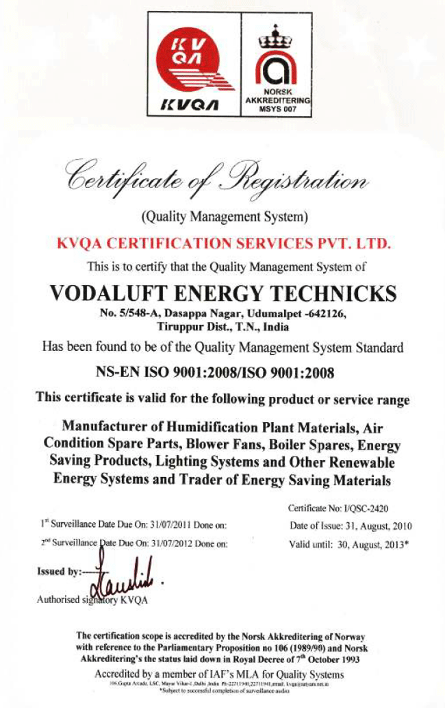ISO Certificate for Vodaluft